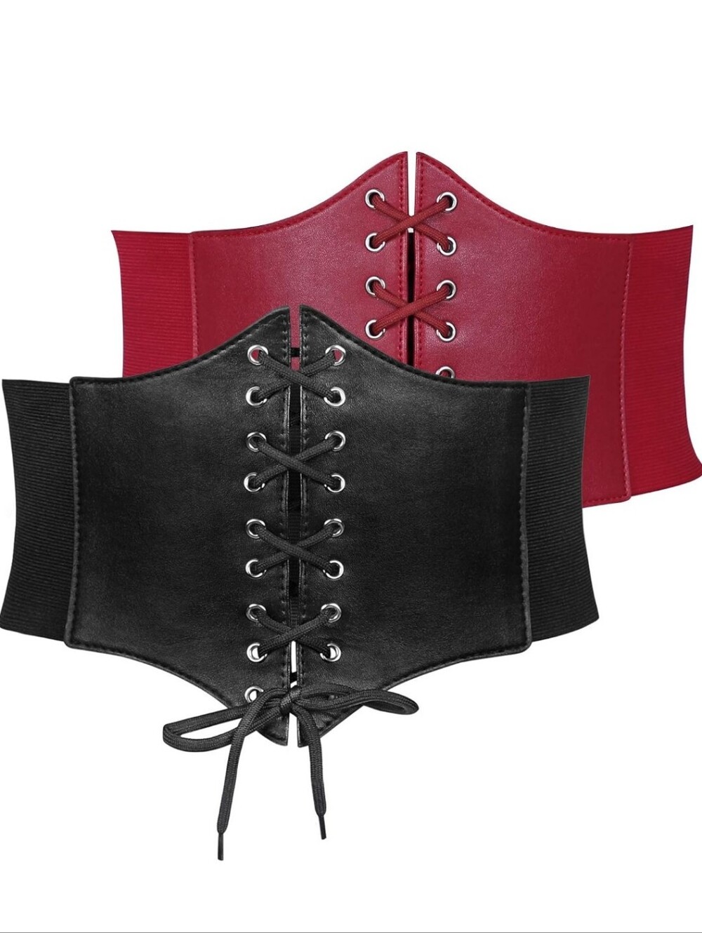 Set of 2 Elastic Corset Belts Black & Red Lace-Up Waist Cinch Plus Fits 38"-41"
